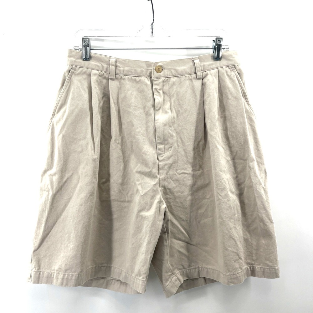 Vintage British Khaki Beige Pleated Shorts Women 14 High Rise Mom Chinos Cotton